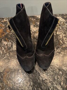 Tommy Hilfiger Black Suede Ankle Booties with Gold Zipper